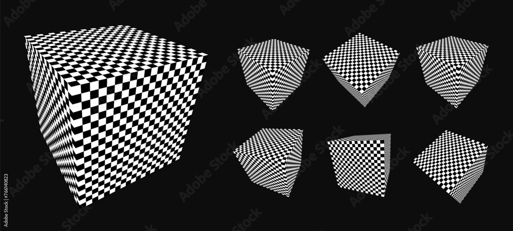 Poster Abstract Graphic Design 3D Cubes with Checkered Texture. Abstract Chess Boxes. Trendy Y2K Geometric Shapes Set. Brutalist Design Elements. Vector Illustration.