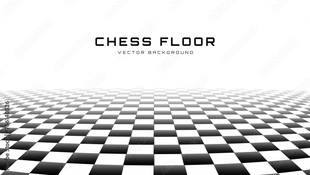 Poster Chess Floor in Perspective with Checkerboard Texture. Empty Chess Board. Black and White Squares Mosaic Studio Background. Vector illustration.