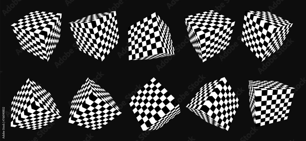 Aufkleber Abstract Graphic Design 3D Cubes with Checkered Texture. Abstract Chess Boxes. Trendy Y2K Geometric Shapes Set. Brutalist Design Elements. Vector Illustration.