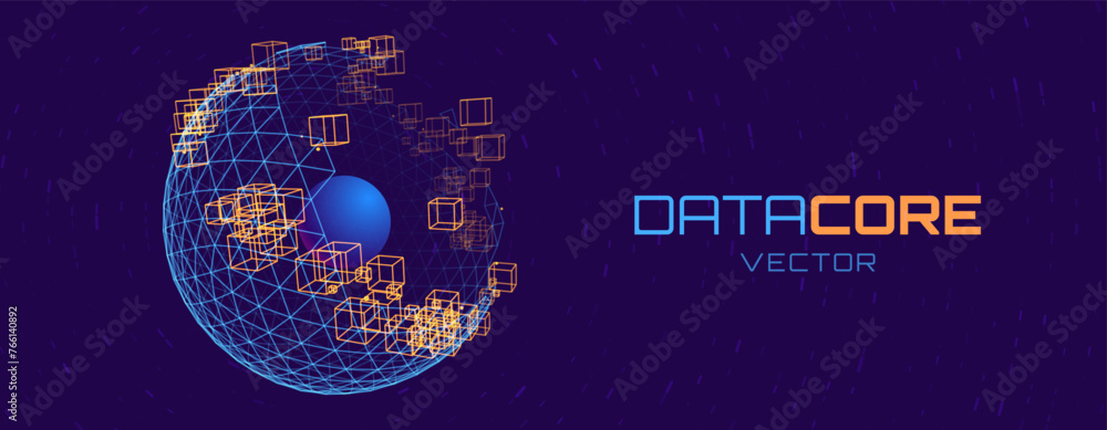 Poster Data Core Quantum Processing. Deep Learning Big Data Artificial Intelligence Server Concept. Future New Blockchain Technology for Business or Science Presentation. Vector Background.