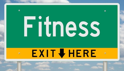 Green and yellow highway sign with exit arrow for FITNESS