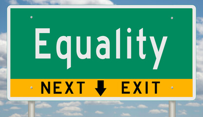 Green and yellow highway sign with exit arrow for EQUALITY