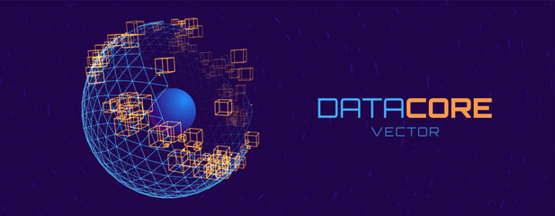 Data Core Quantum Processing. Deep Learning Big Data Artificial Intelligence Server Concept. Future New Blockchain Technology for Business or Science Presentation. Vector Background.