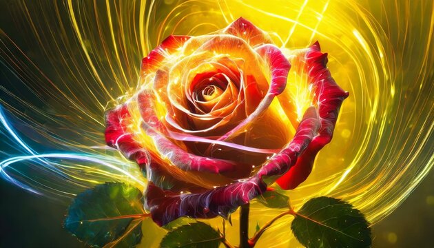 red rose on a yellow background.a mesmerizing light painting featuring a vibrant rose isolated against a sunny yellow background, with luminous trails of light accentuating its delicate petals, creati