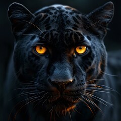 Majestic black panther with glowing eyes in the dark. close-up portrait. wildlife and nature photography concept. generative AI - obrazy, fototapety, plakaty