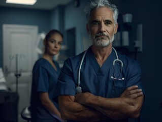 Confident male doctor at the forefront with a female colleague in the background. Health professionals in scrubs. Medical teamwork concept. Close-up, focused expression. Generative AI