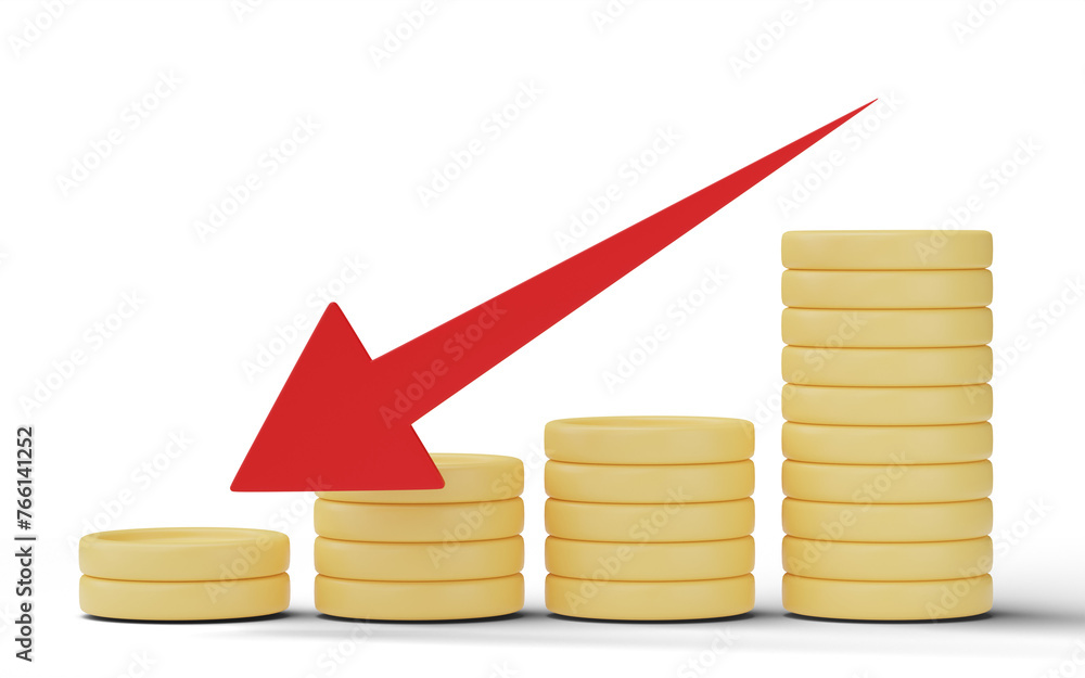 Aufkleber arrow pointing down on stack of coins isolated on transparent background.