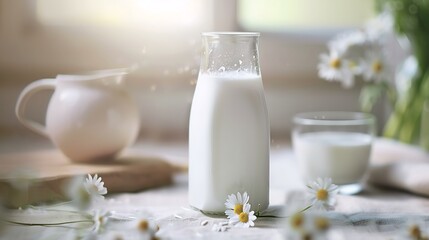 Obraz na płótnie Canvas Glass milk bottle mockup with blank label in cozy kitchen setting for branding template