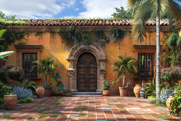 Fototapeta na wymiar A Spanish hacienda with a stucco wall, a tiled patio, and a palm tree.