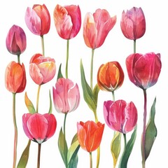 Watercolor tulip clipart in different shades of pink, red, and orange , on white background