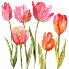 Obraz premium Watercolor tulip clipart in different shades of pink, red, and orange , on white background