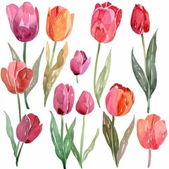 Obraz premium Watercolor tulip clipart in different shades of pink, red, and orange , on white background