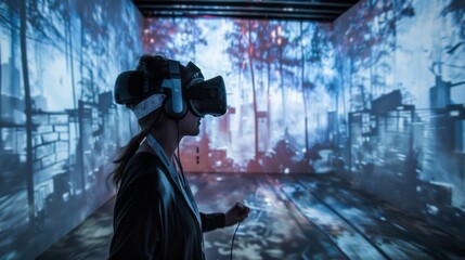 A woman stands immersed in a virtual forest, wearing a VR headset, engaged in an interactive digital experience.