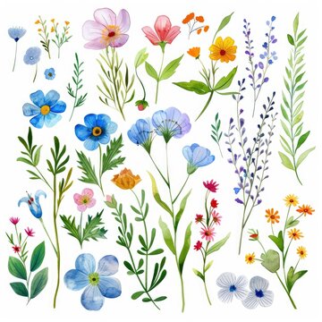 Watercolor wildflower clipart featuring a mix of colorful blooms and greenery , on white background