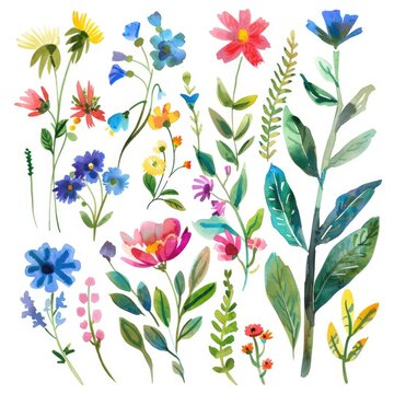 Watercolor wildflower clipart featuring a mix of colorful blooms and greenery , on white background