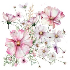 Watercolor cyclamen clipart with delicate pink and white blooms , on white background
