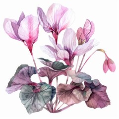 Watercolor cyclamen clipart with delicate pink and white blooms , on white background