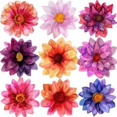Watercolor dahlia clipart in bold and vibrant colors , on white background
