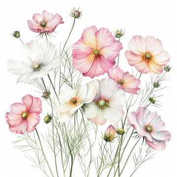 watercolor cosmos flowers on white background clip art preview
