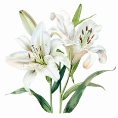 Watercolor lily clipart with elegant white petals and green stems , on white background