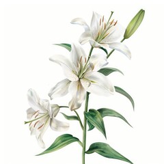 Fototapeta na wymiar Watercolor lily clipart with elegant white petals and green stems , on white background