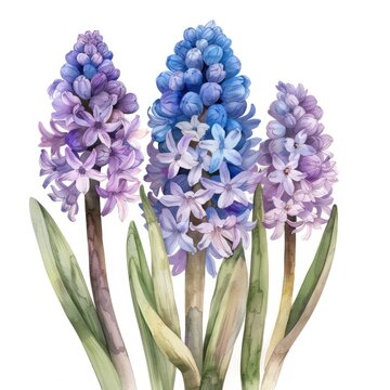 recommend clip art: Watercolor hyacinth clipart featuring fragrant blooms in shades of purple and blue , on white background