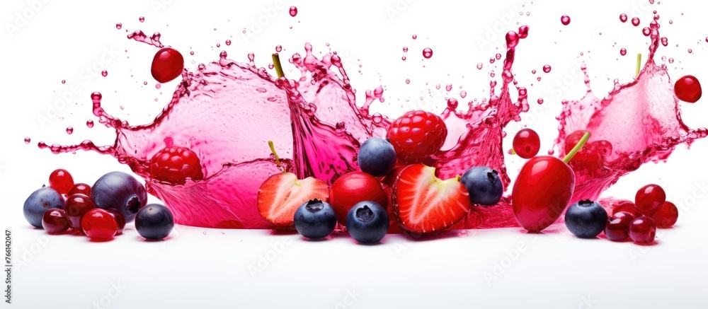 Poster a medley of berries is dropping into a magenta liquid, creating a vibrant display of colors reminisc