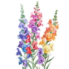 Watercolor snapdragon clipart with tall spikes of colorful blooms , on white background