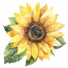 Watercolor sunflower clipart with bold yellow petals and a brown center , on white background