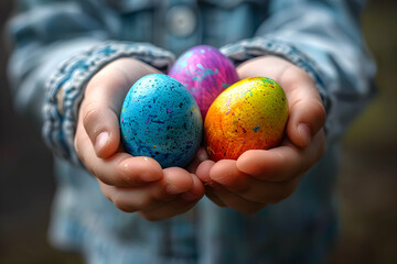 Child holding colored Easter eggs in closeup hands, celebrating religious holidays and special moments with tradition concept. - obrazy, fototapety, plakaty