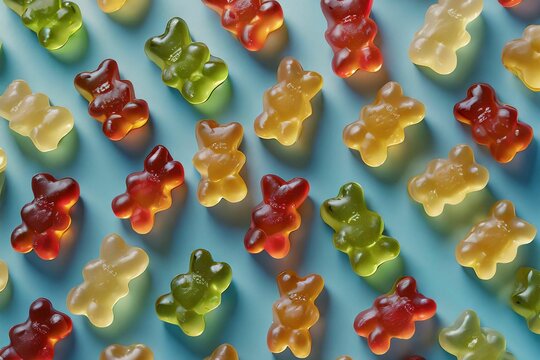 Top view of colorful gummy bears on a flat blue background. Creative wallpaper for a candy