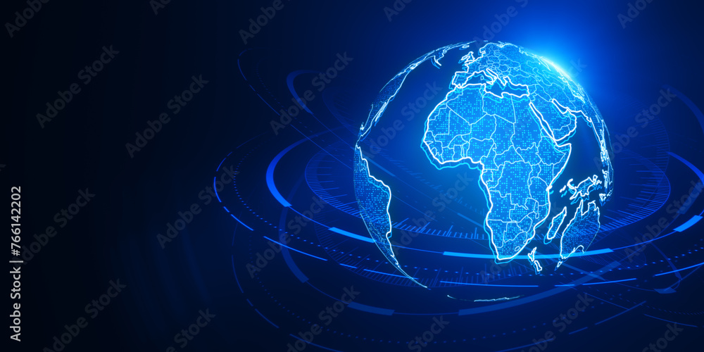 Poster creative glowing futuristic blue globe hologram on blurry background. digital innovation and technol