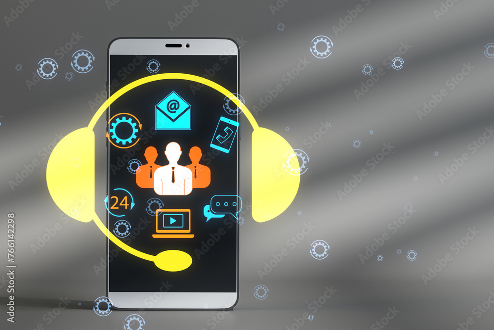 Poster close up of cellphone with creative customer support icon on blurry background. hotline concept.