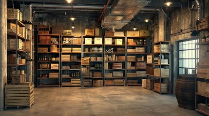 A vintage industrial warehouse with old-fashioned storage shelves and crates, ideal for adding a...
