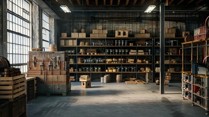 A vintage industrial warehouse with old-fashioned storage shelves and crates, ideal for adding a retro industrial theme to designs - obrazy, fototapety, plakaty