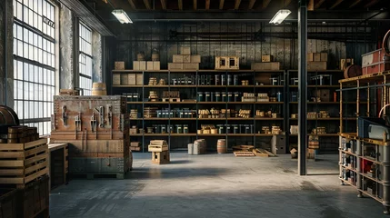 Foto op Canvas A vintage industrial warehouse with old-fashioned storage shelves and crates, ideal for adding a retro industrial theme to designs © Photock Agency