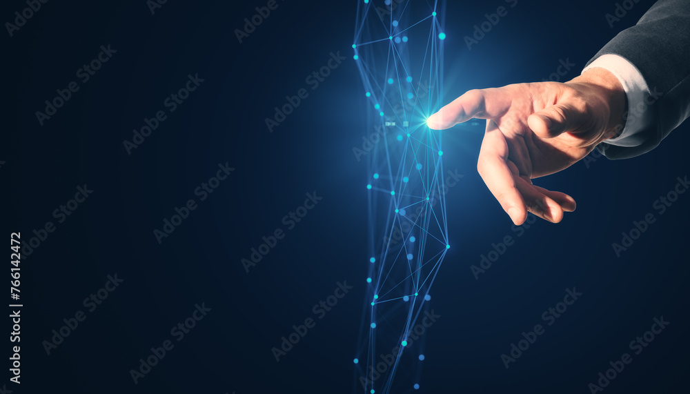 Poster Close up of man hand pointing at creative polygonal interface. Business screen, push and select concept. Mock up place.