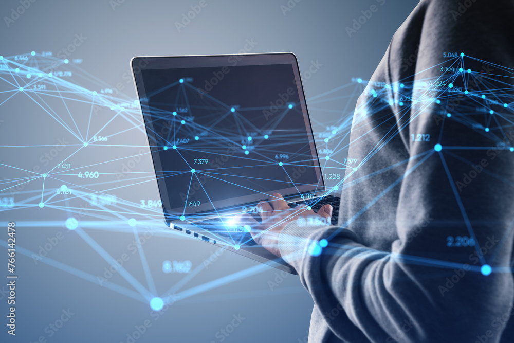 Poster Close up of hacker hands using laptop computer with creative glowing polygonal interface on blurry background. Technology, hacking, malware, innovation and network concept.