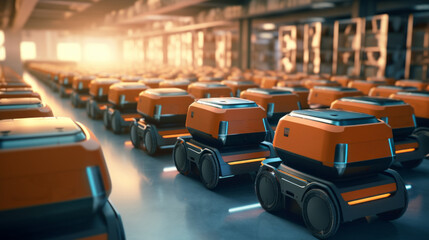 A row of orange robots are lined up in a warehouse - obrazy, fototapety, plakaty