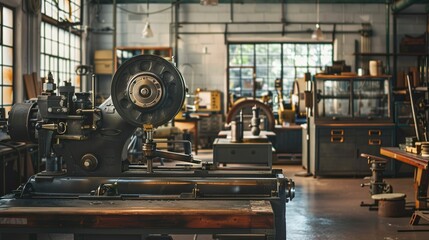 A retro industrial factory interior with vintage machinery and equipment, perfect for adding a...