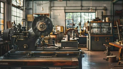  A retro industrial factory interior with vintage machinery and equipment, perfect for adding a nostalgic and industrial look to designs © Photock Agency