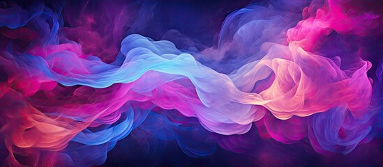 A close up of vibrant purple and magenta smoke billowing out of a bottle against a dark background, creating a mesmerizing electric blue cloud pattern reminiscent of a petalfilled sky