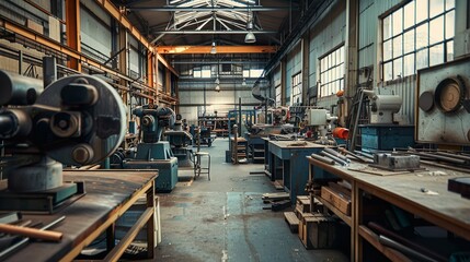 A retro industrial factory interior with vintage machinery and equipment, perfect for adding a nostalgic and industrial look to designs