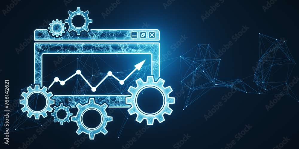 Poster Creative digital computer folder with cogs, polygonal mesh and arrows. Project Management icon, data management, folder, project goals, task management concept. 3D Rendering.