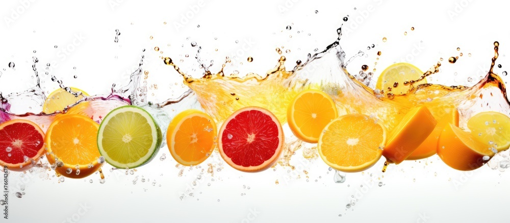 Poster a colorful array of fruits is cascading in a row on a pristine white background, creating a vibrant 