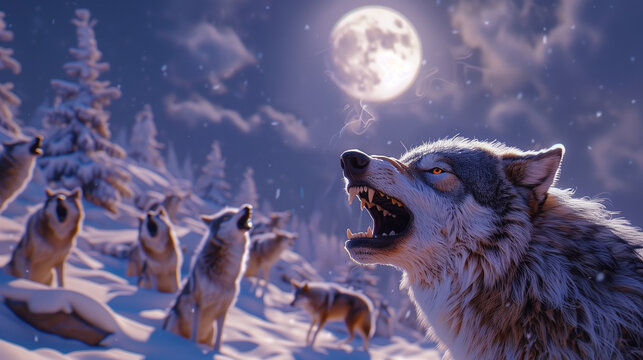 featuring a pack of wolves howling at the full moon