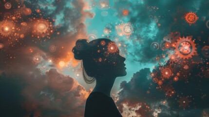 A silhouette of a person with gears and cogs representing the workings of their mind,  with imaginative scenes popping up above their head - obrazy, fototapety, plakaty