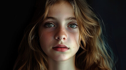 Naklejka premium Pretty 16s teen portrait isolated on black background. Attractive girl close up. Young person look camera. Beautiful female face closeup. Natural beauty concept. 13s Model at studio without make up