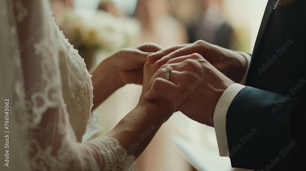 Wall mural Bride’s Finger Adorned with Wedding Ring by Groom During Ceremony