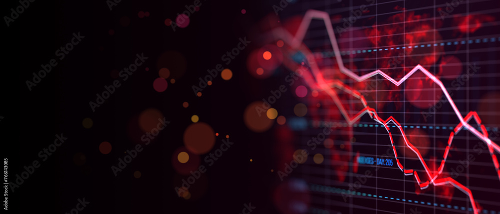 Poster red and white graph depicting a financial downturn on a dark digital screen background, concept of a